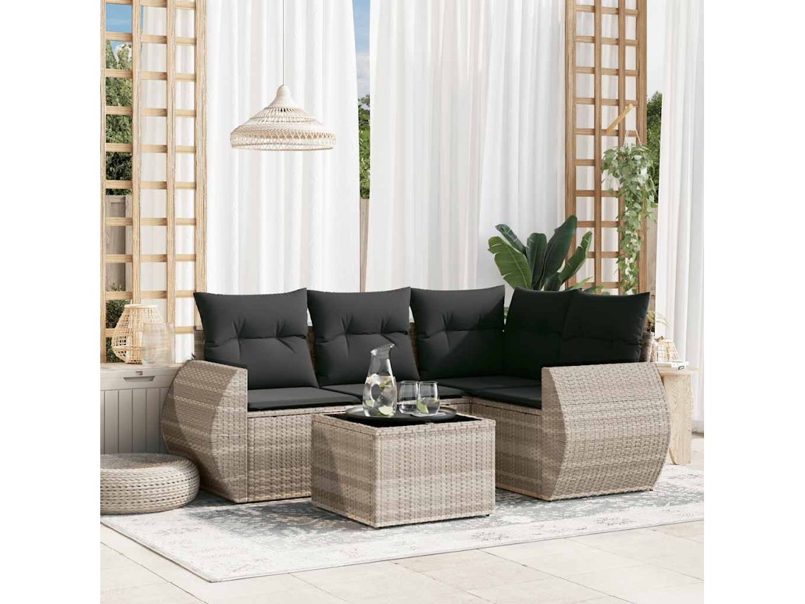 Vidaxl 5 Pcs Conj. Sofás Jardim C/ Almofadões Vime Pe Cinzento-claro