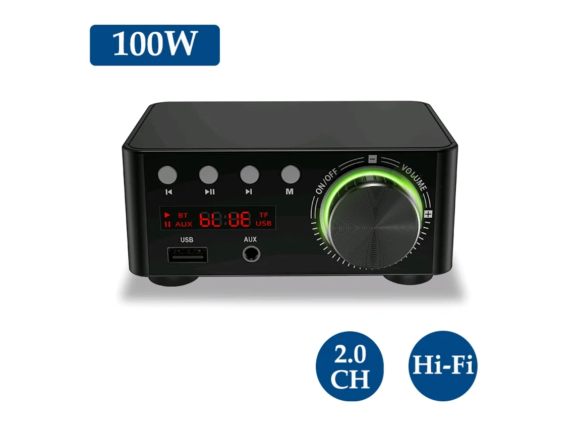 Amplificador Digital Mini Estéreo BT5.0 100w 2 Canais USB Aux TF