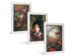 Composição De Quadros Flores Vintage, Gatos, Natureza Moldura Branca Fotos Para O Escritório Espelharte (3 Piezas De 40x60 Cm)