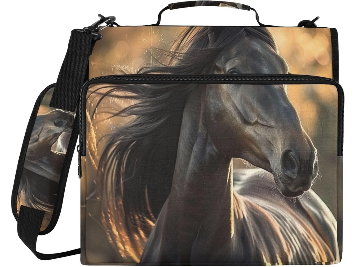 Pasta organizadora elegante com estampa de cavalo, compartimento com zíper e espaço para laptop, resistente à água.
