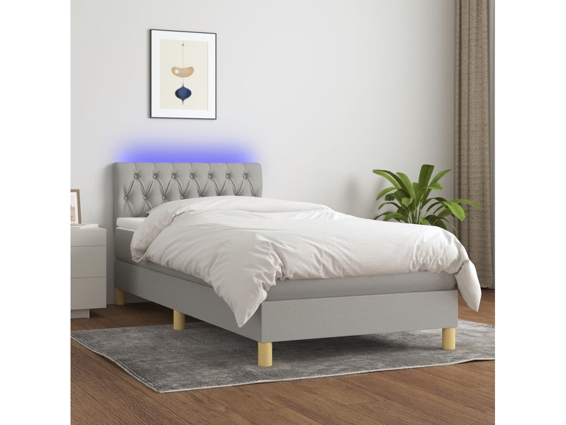 Vidaxl Cama Box Spring C/ Colchão E Led 90x200 Cm Tecido Cinza-claro