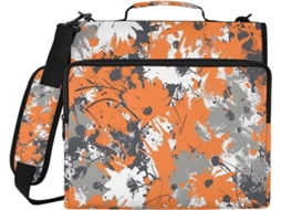 Mochila camuflada em tons de cinza e laranja, com organizador de 3 ganchos e compartimento com zíper para laptop.