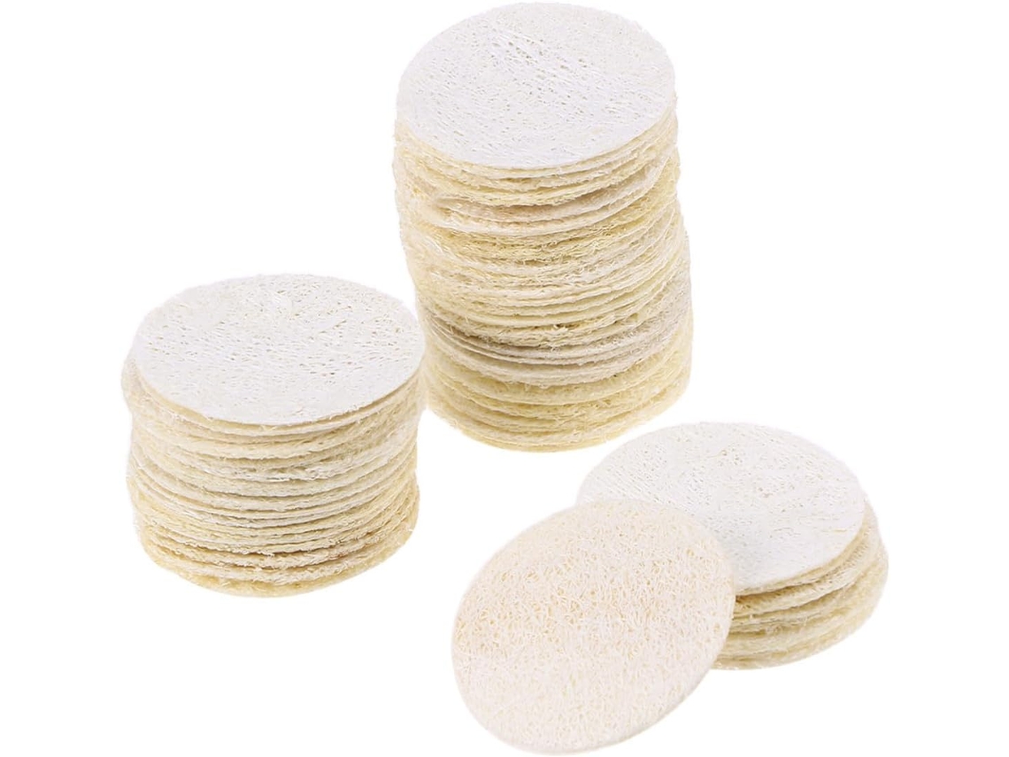 Conjunto de 50 Unidades de Esponjas Esfoliantes Vegetais Bucha e Esponjas Laváveis.