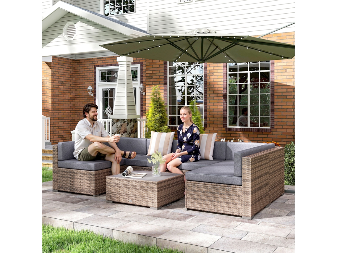 Salão Jardim Vime 7 Peças Com Mesa Centro E Sofá Modular Almofadas, Cinza
