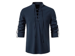Camisa De Linho Casual Com Manga Longa, Gola De Pérola E Ajuste Solto Para Uso Diário E Férias De Verão Marinha