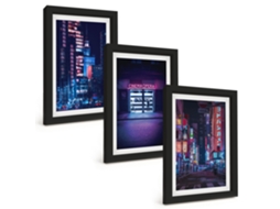 Composição De Quadros Na Paredecidade Noturna, Entrada Neon Moldura Preta Quadros Para A Sala De Estar Espelharte (3 Peças 20x30 Cm)