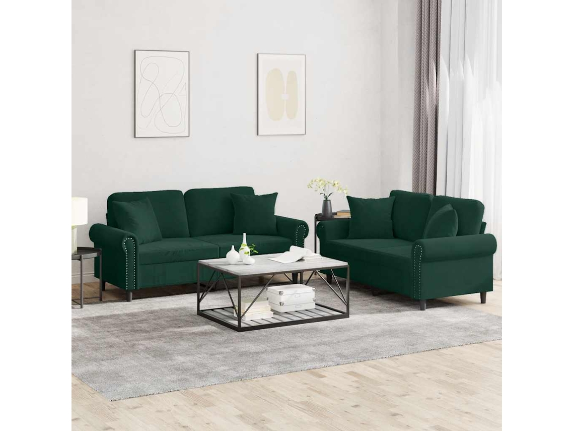 Vidaxl 2 Pcs Conjunto De Sofás Com Almofadas Veludo Verde-escuro