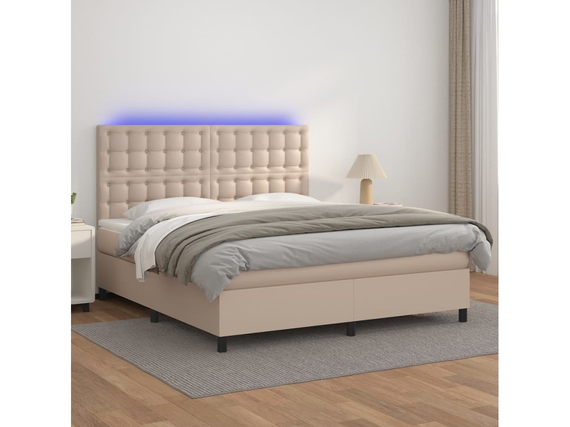 Vidaxl Cama Box Spring C/colchão/led 160x200cm Couro Artif. Cappuccino