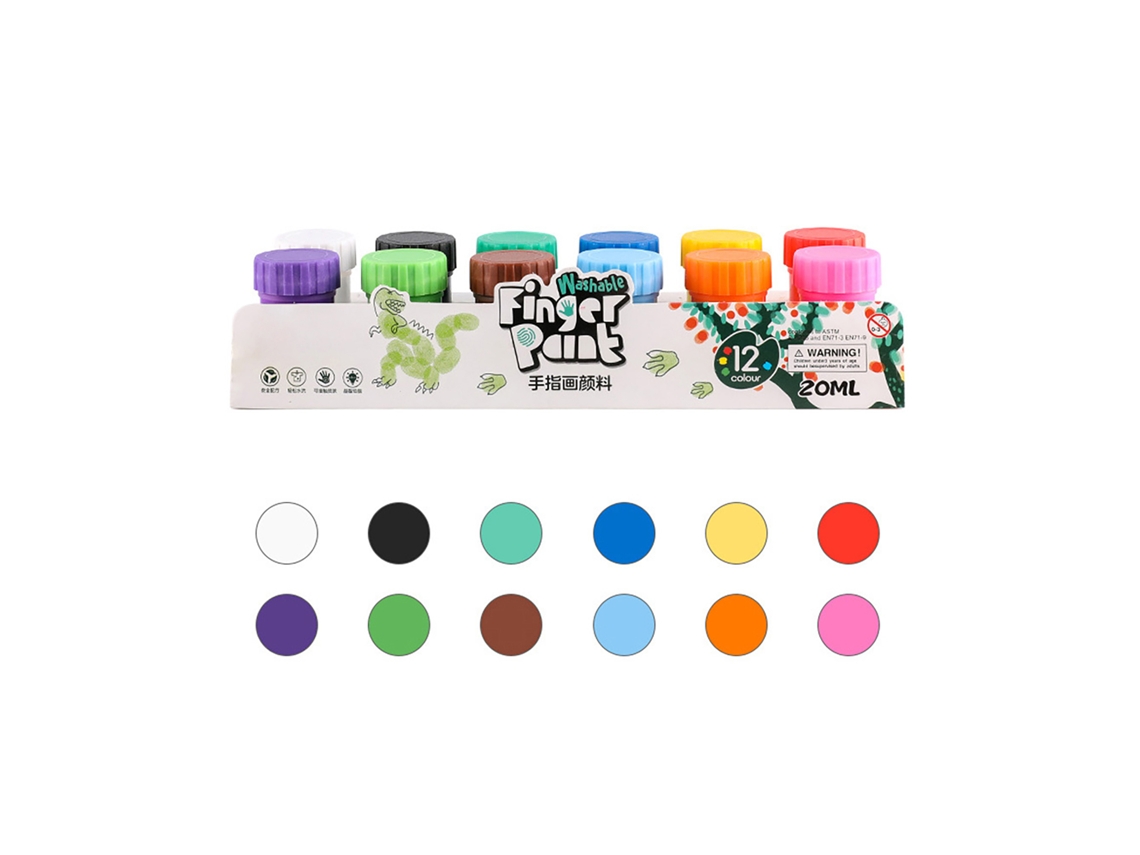 Conjunto de Tinta de Dedo Lavável 12 Cores 20ml Pincel Seguro S/MARCA