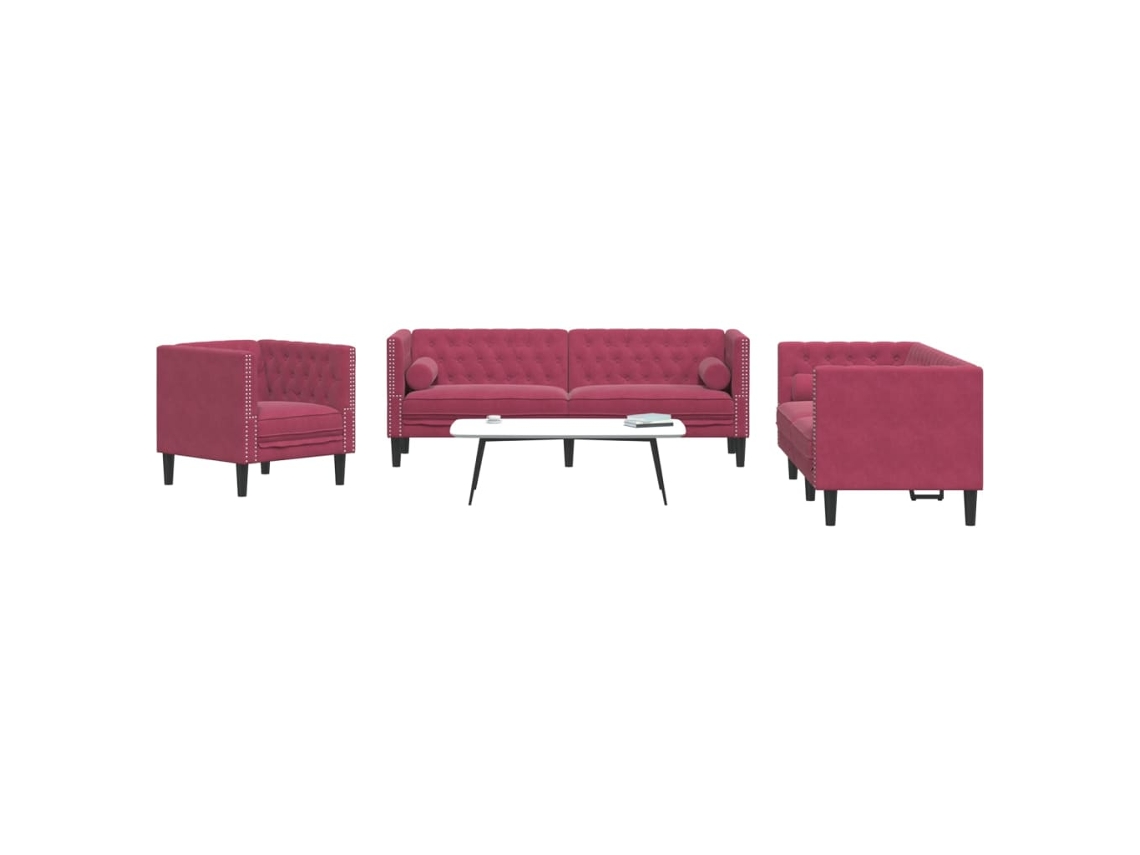 Vidaxl 3 Pcs Conj. Sofás Chesterfield Com Rolos Veludo Vermelho-tinto