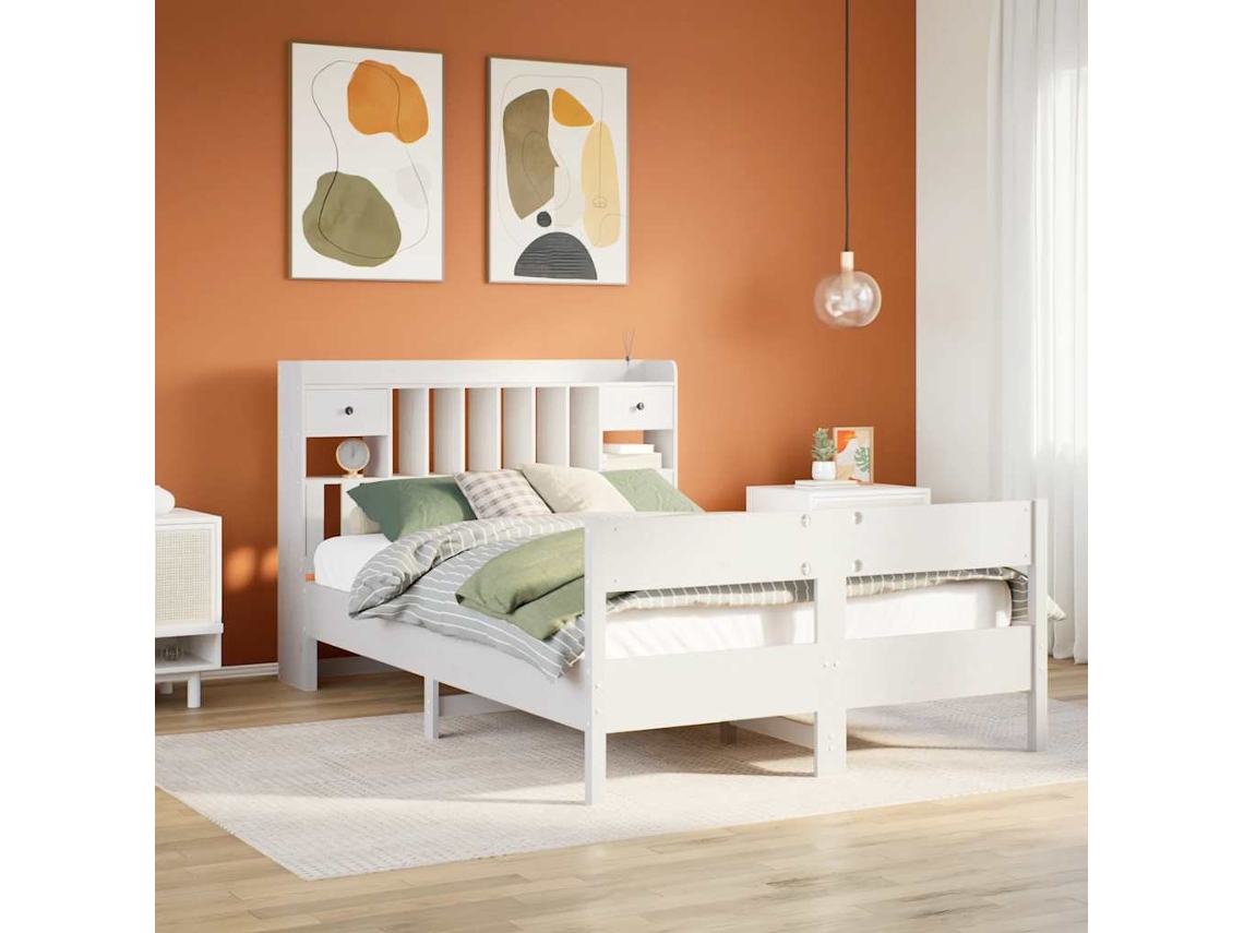 Vidaxl Cama Com Estante Sem Colchão 140x200 Cm Pinho Maciço Branco