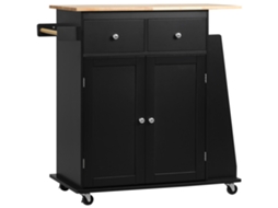 Carrinho de cozinha com armário, 2 gavetas e porta temperos em madeira 89x45x89,5cm preto BTFORUS