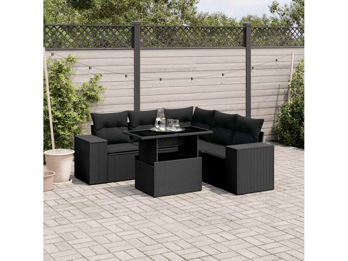 Vidaxl 6 Pcs Conjunto Sofás De Jardim C/ Almofadões Vime Pe Preto