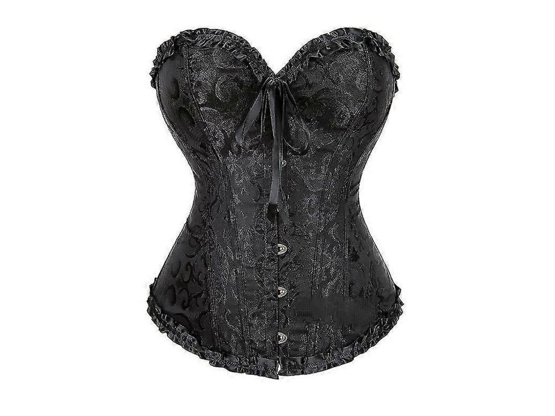Corset Overbust Preto Muito Ajustado Para Mulher Com Design Floral E Fechamento De Gancho Negro L