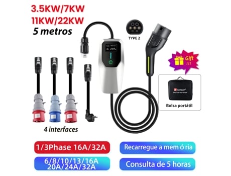 Junsun, Carregador Portátil Para Veículos Elétricos Tipo 2, Carregador Ev 32a 22kw Com Cabo De Carregamento De 5m, Ficha Cee Iec62196, Estação De Carr