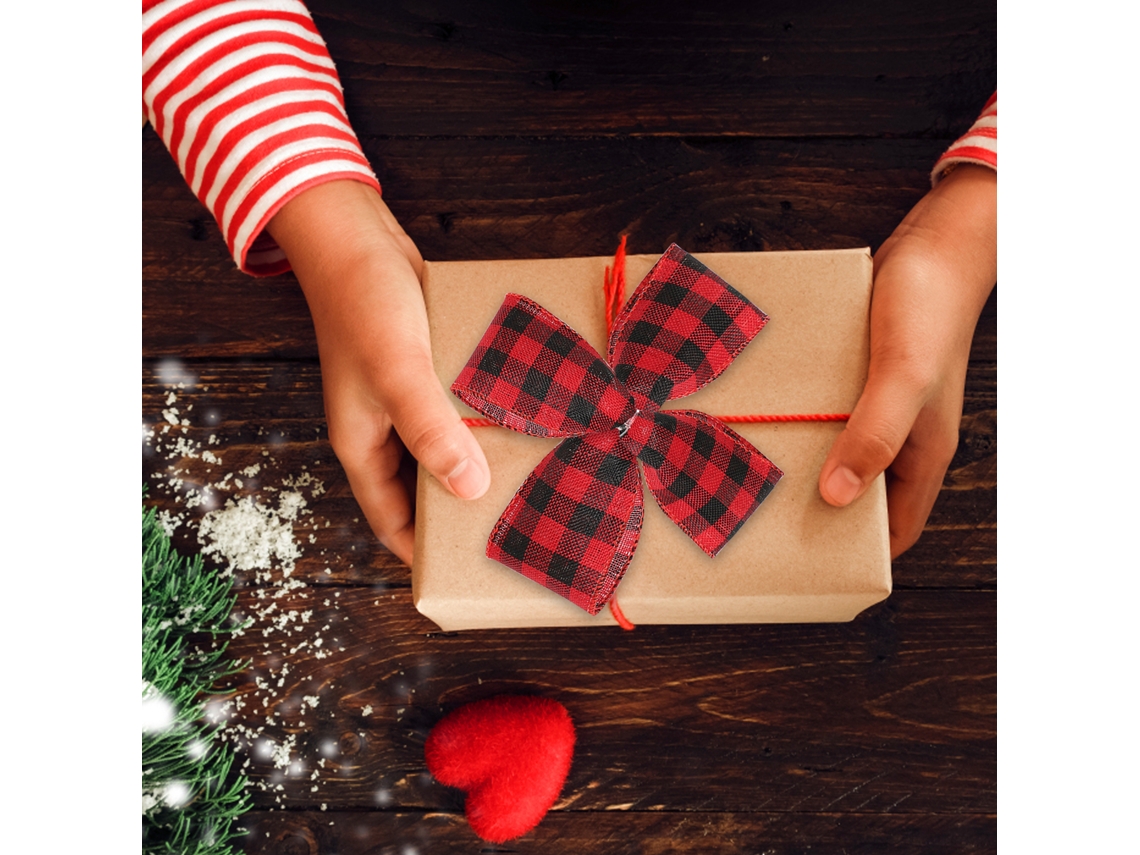 Decoração de Natal com Fita Xadrez Vermelha e Preta, Pacote com 2, LAXISCREED
