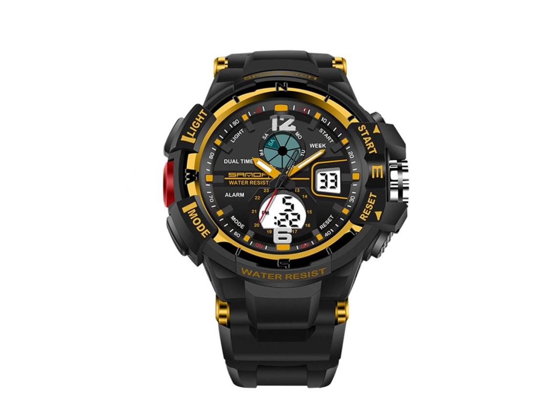 Relógio eletrônico multifuncional feminino Snada à prova d'água com visor duplo, dourado e preto.