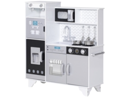 Cozinha de Madeira com Som Acessórios em Aço Inoxidável Micro ondas, Máquina de Gelo Cafeteira, Máquina de Lavar Loiça 79,5x24x83,8 Cm Branco LAMAISON