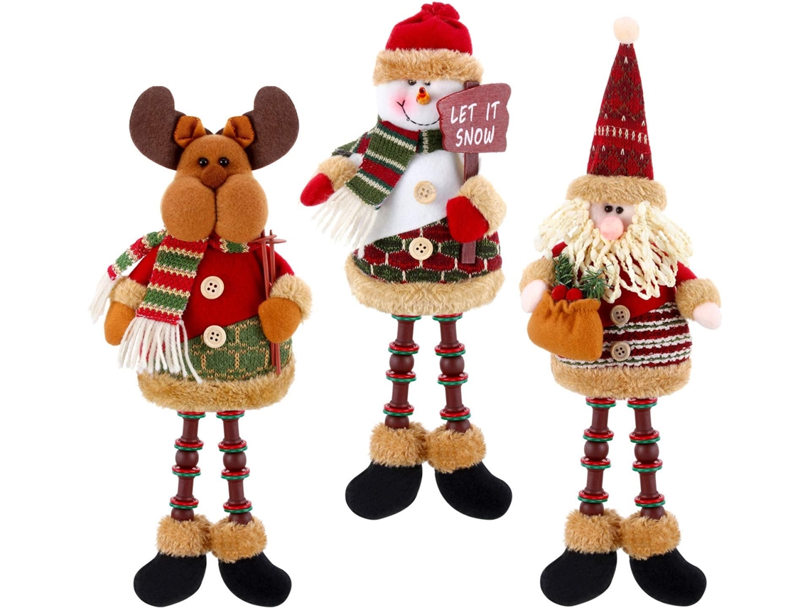 Conjunto de 3 Figuras de Natal Papai Noel Boneco de Neve e Rena Decoração de Mesa em Pelúcia RNEMITERY