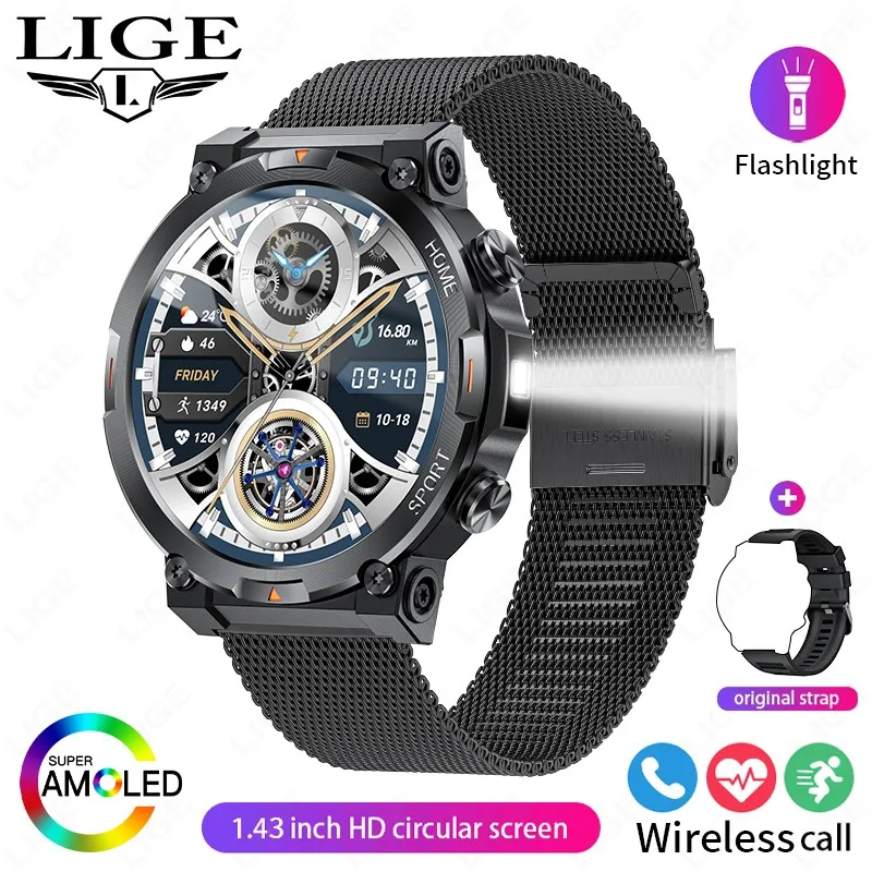 Smartwatch MDUG com tela de 1,43 polegadas, saúde, lanterna esportiva, chamadas Bluetooth, preto