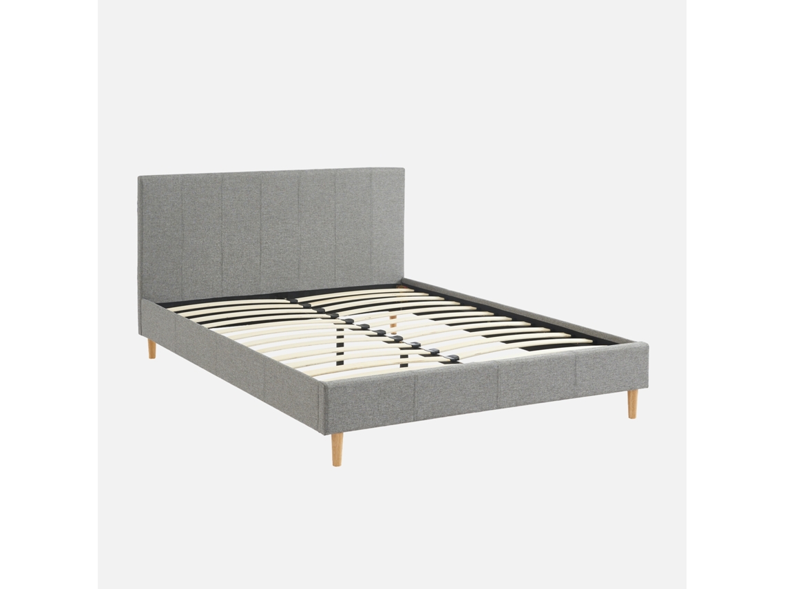 Cama Com Cabeceira Base Ripas Acabamento Simple Sweeek Tecido Cinzento (89x148x202)