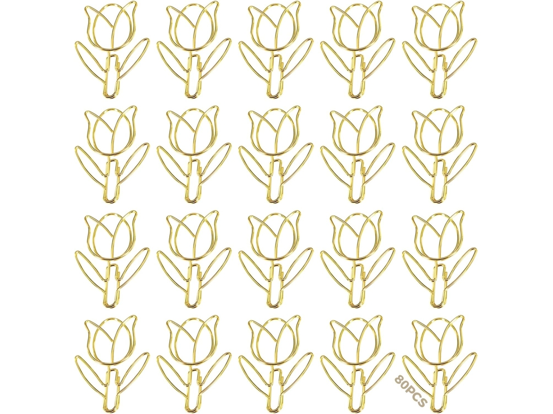 Conjunto de 80 clipes de papel em formato de tulipa, clipes de metal dourado charmosos com estojo para armazenamento, Ideais