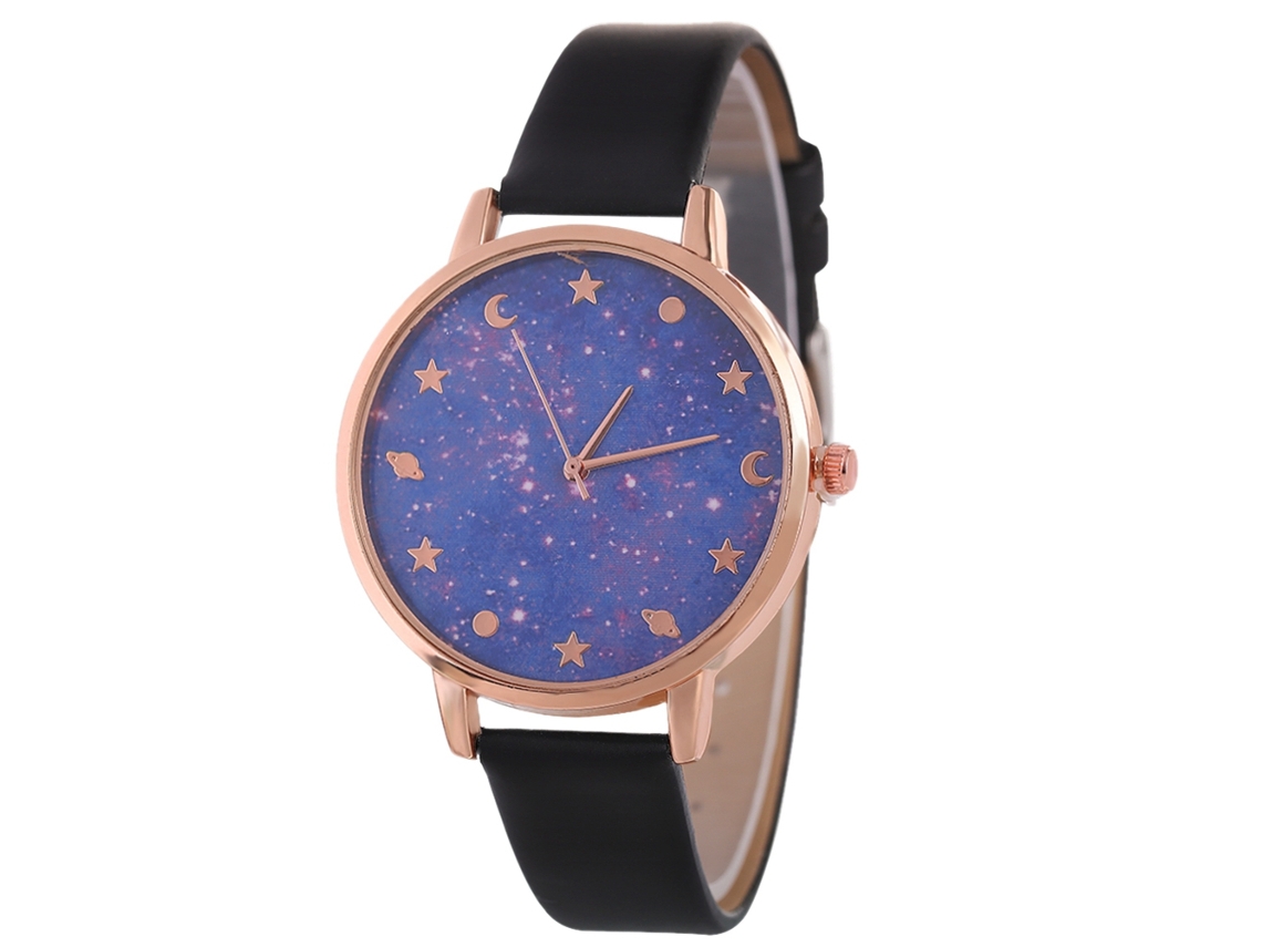 Relógio de Pulso Feminino de Quartzo com Esfera Céu Estrelado Roxo e Pulseira de Couro Preta