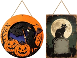 Decoração De Porta De Halloween, Conjunto De 2 Peças, Placa De Madeira ''travessura De Bruxa'' Dourada.