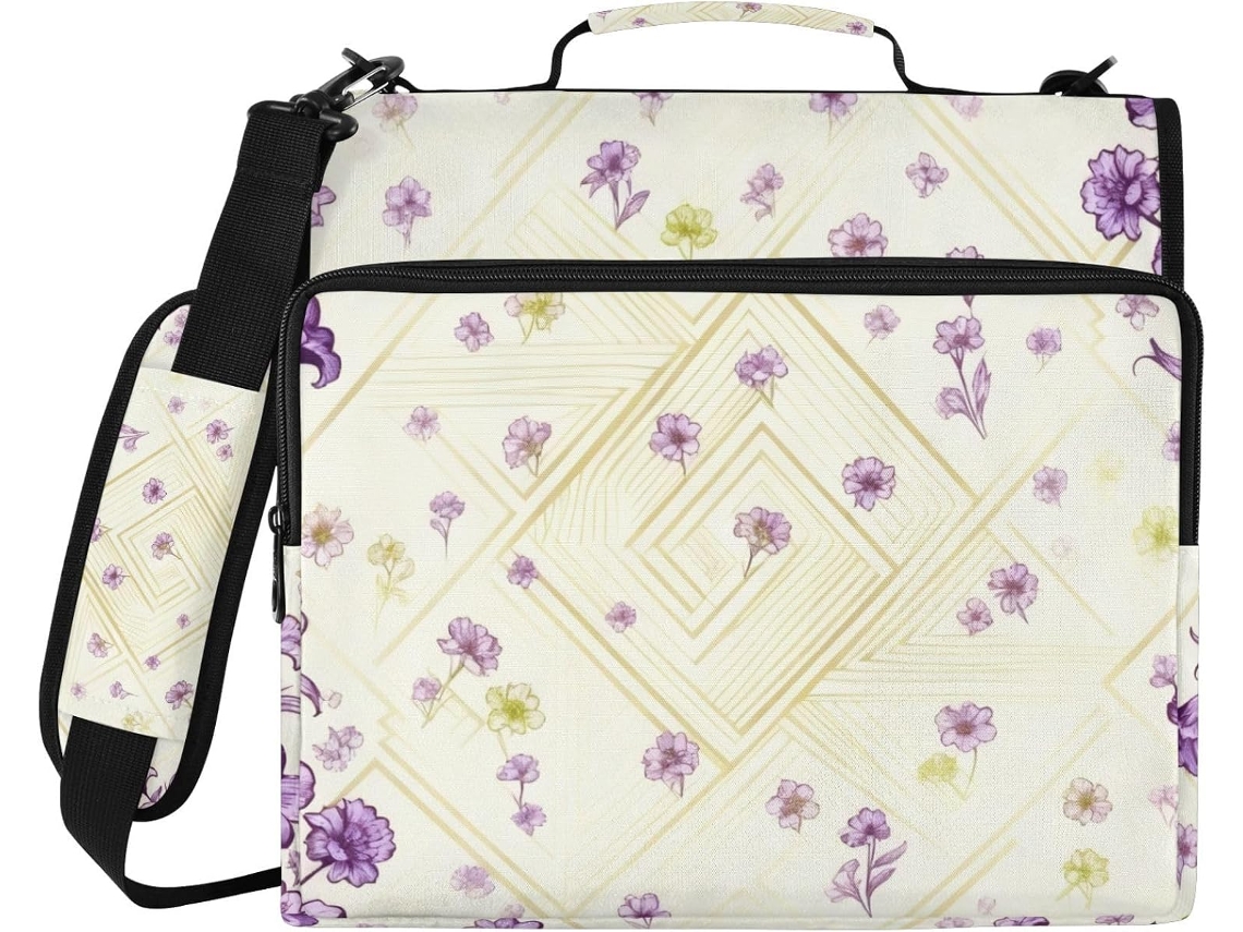 Conjunto de 3 malas Argola com estampa floral verde e vermelha, com compartimentos extras, alça de ombro e várias opções de organização escolar.