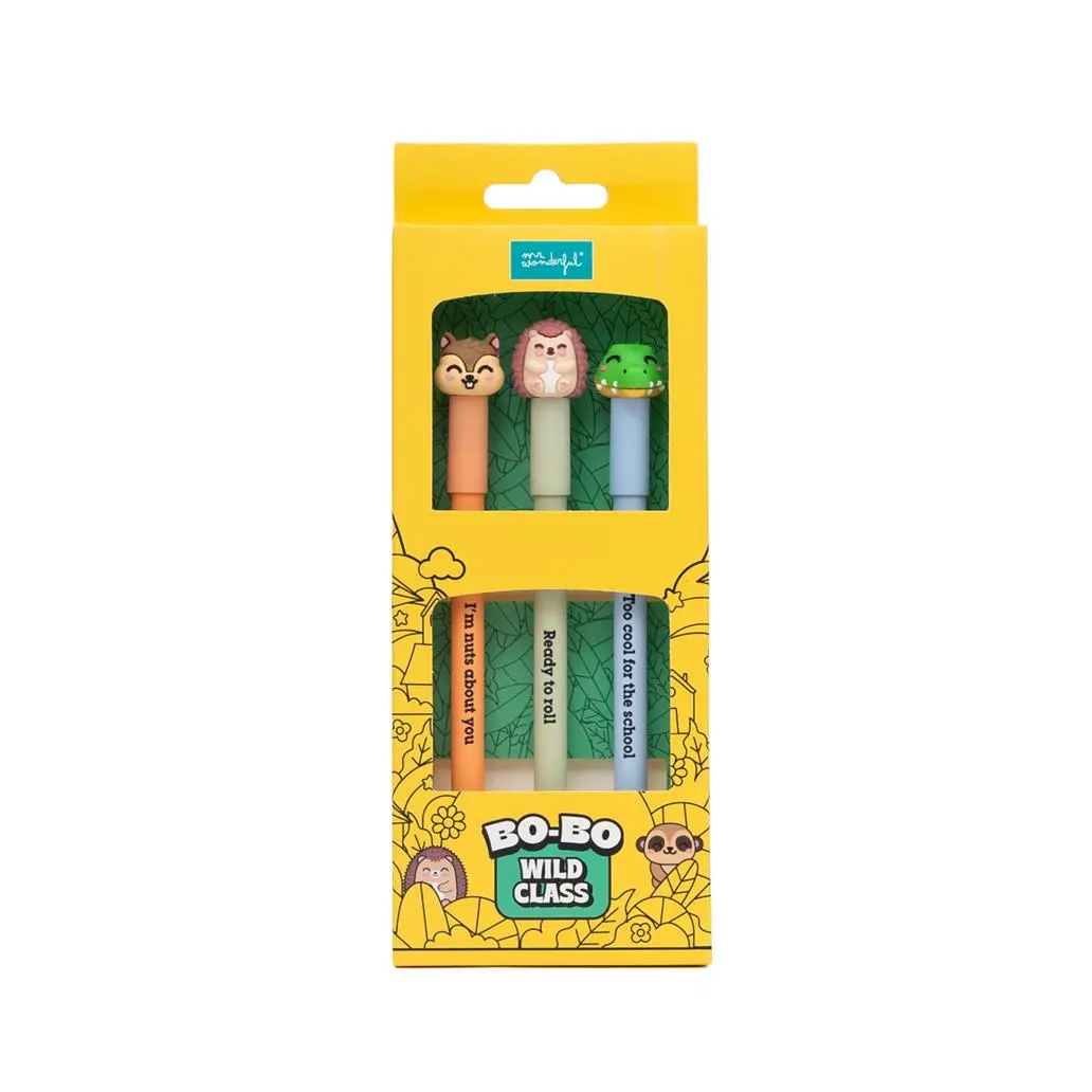 Conjunto 3 Esferográficas Apagáveis Bo bo Esquilo, Ouriço e Crocodilo