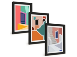 Um Conjunto De Imagens Decorativas Em Uma Moldurailustrações De Edifícios Coloridos Moldura Preta Pinturas De Quarto Espelharte (3 Peças 20x30 Cm)