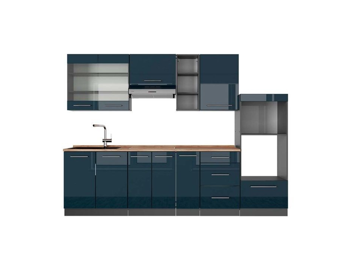 Cozinha Fame-Line, 280 cm, Carvalho PT, Azul escuro brilhante/Antracite, VICCO