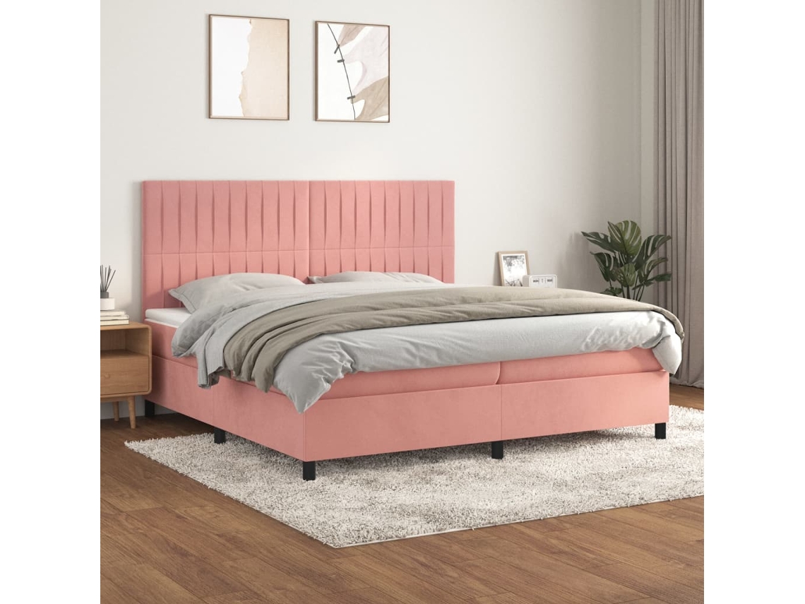 Cama Com Molas/colchão 200x200 Cm Veludo Rosa