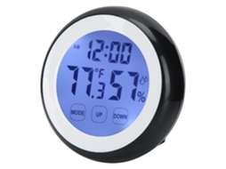 Despertador eletrônico digital Baok-reloj com tela sensível ao toque, formato redondo e indicadores de temperatura e umidade.