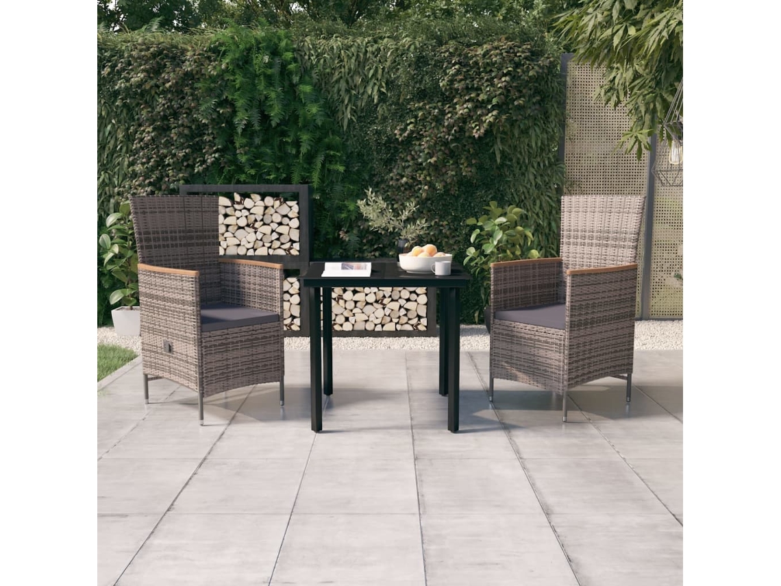 Vidaxl 3 Pcs Conjunto De Jantar Para Jardim Com Almofadões Cinzento
