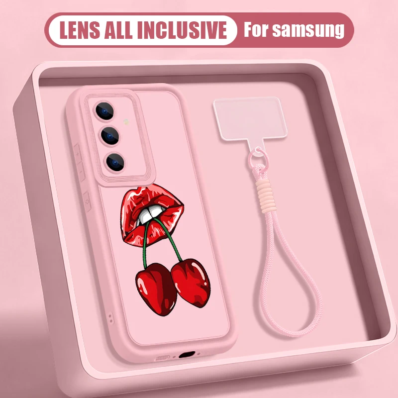 Capa Para Celular Galaxy A54 Com Cordão E Estampa De Cerejas (rosa)