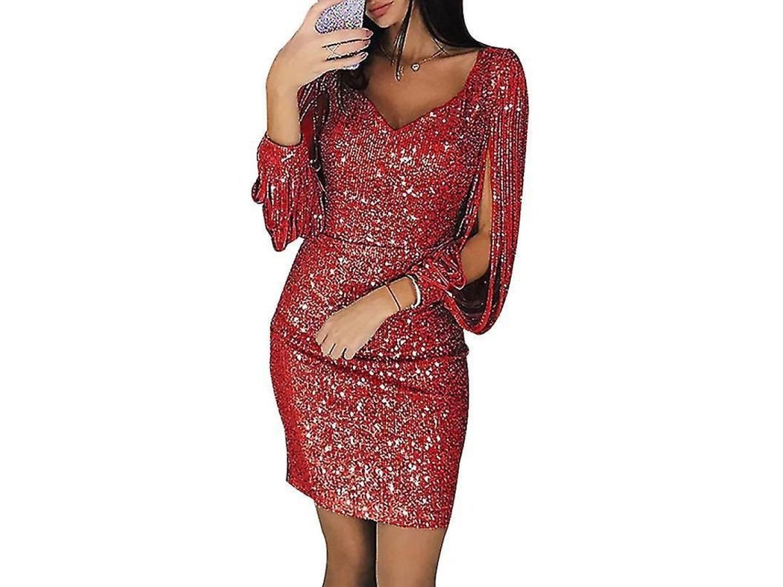Vestido Curto De Lentejuelas Para Mulher Com Colo V Profundo E Mangas Longas Com Tassel Vermelho Rgv4xl 4xl Rojo