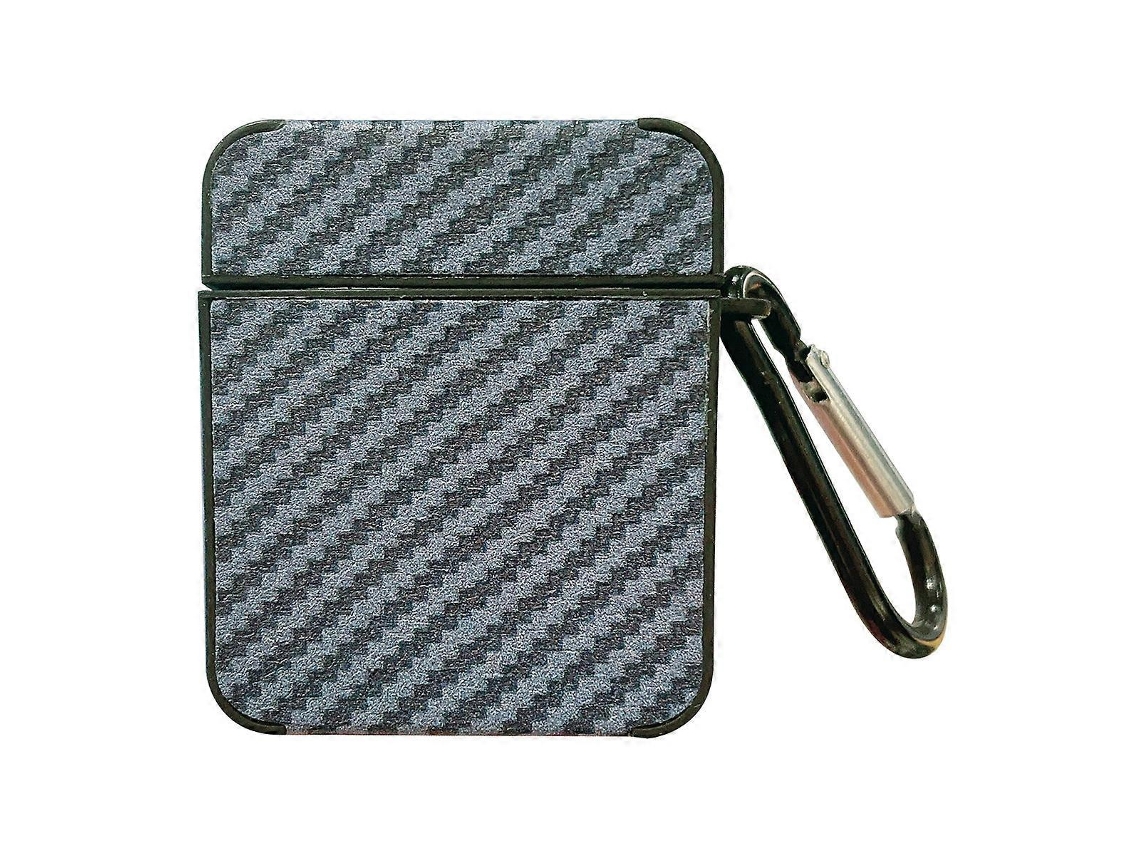 Estojo quadrado para fones de ouvido em couro sintético com fibra de carbono e gancho. GIECY