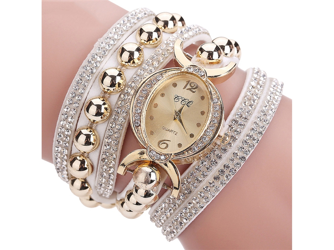 Relógio Analógico Feminino de Pulseira com Quartzo e Pedras de Circonio em Pulseira Pu Branco