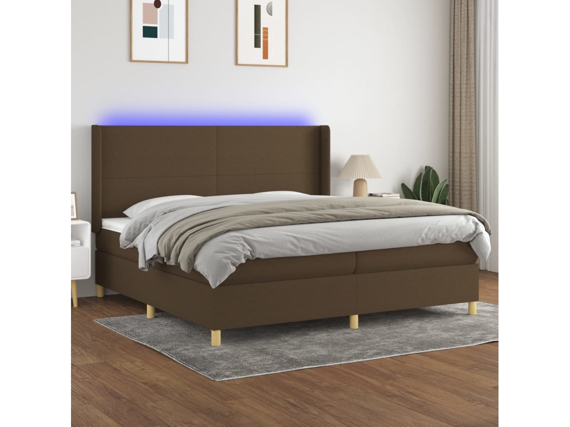 Cama Box Spring C/ Colchão/led 200x200cm Tecido Castanho-escuro