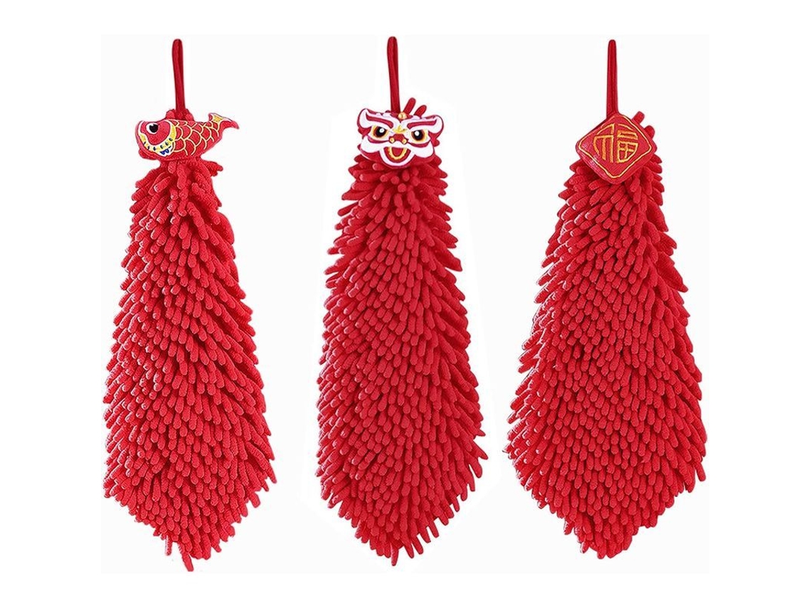 Rebe-3 Toalhas De Mão Penduradas Chenille Macias Secagem Rápida Desenho Cartoon Vermelho Chinês Leão-carpa-benção