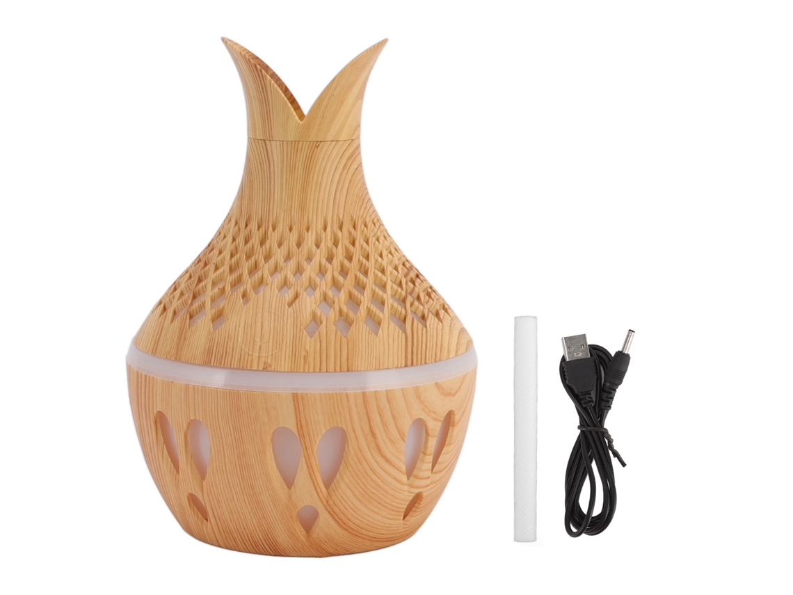Humidificador aromático com textura de madeira USB luz noturna 300ml forma de pétalas oco S/MARCA