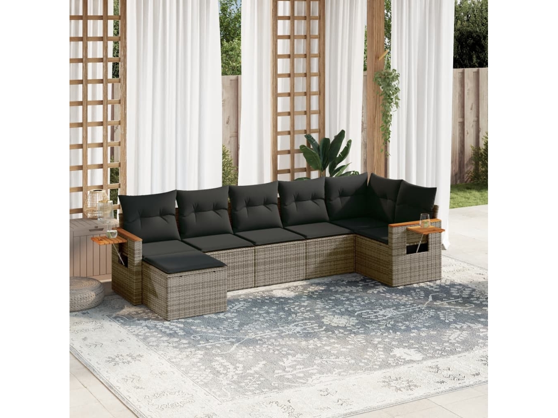 Vidaxl 7 Pcs Conjunto Sofás P/ Jardim C/ Almofadões Vime Pe Cinzento