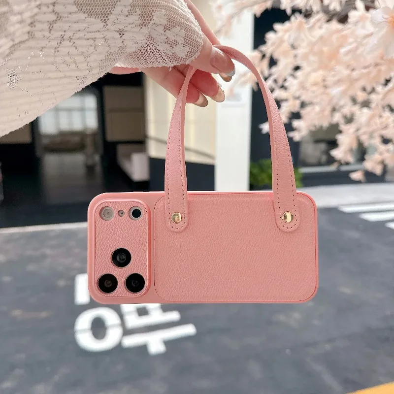 Capa De Couro Genuíno Para Iphone 15 Pro Max (rosa), Com Alça De Pulso, Resistente A Impactos E Portátil.