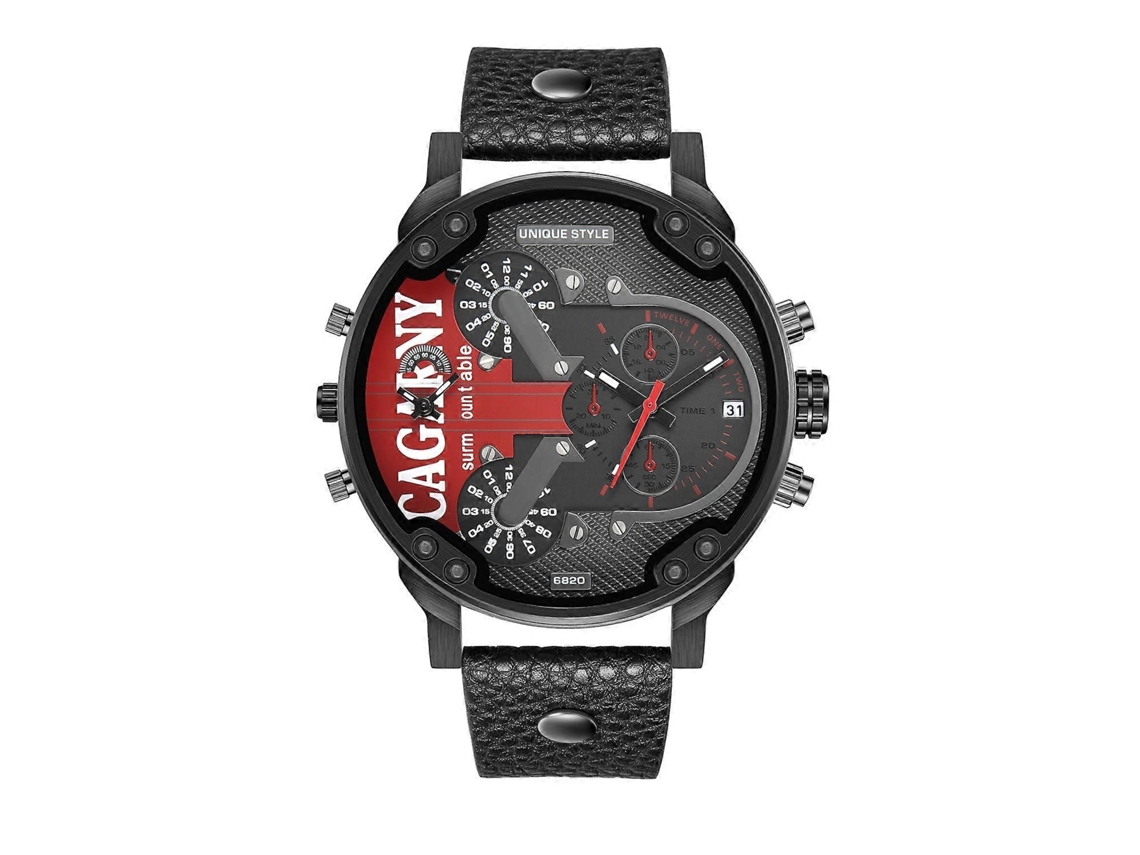 Relógio De Quartzo Cagarny 6820 Masculino Com Mostrador Vermelho, Movimento Duplo E Pulseira De Couro (preto)