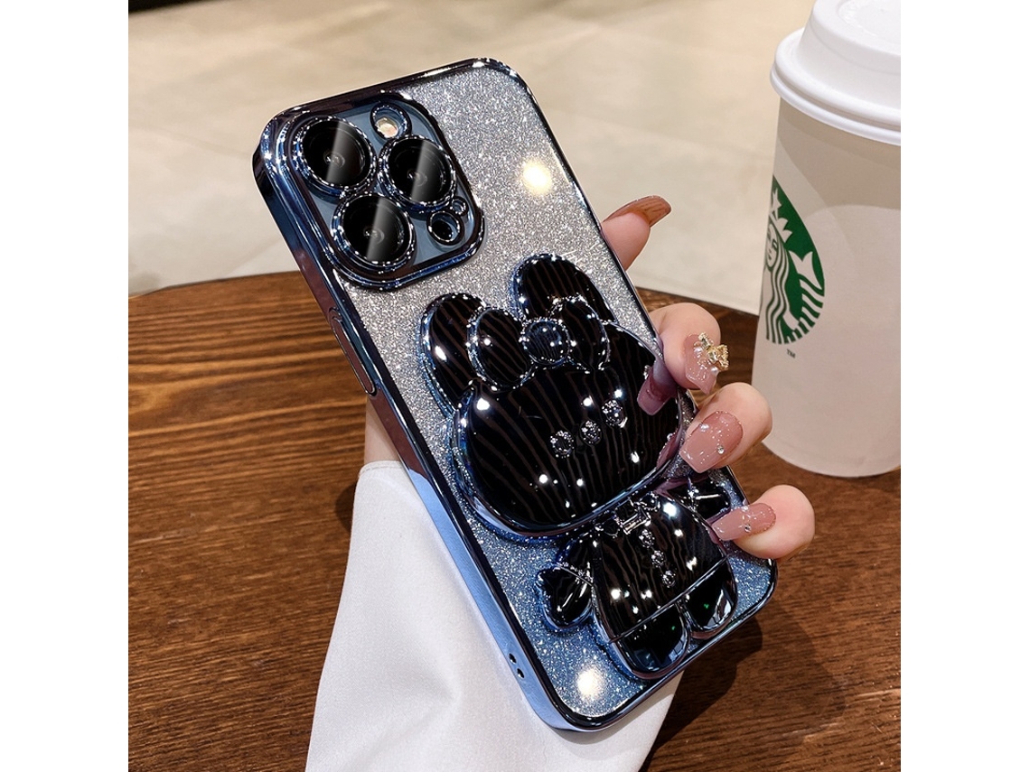 Capa Para Iphone 17 Pro Max Com Glitter E Revestimento Eletrolítico Espelho De Coelho Com Gradiente Azul E Flash, Suporte De Silicone Com Espelho De