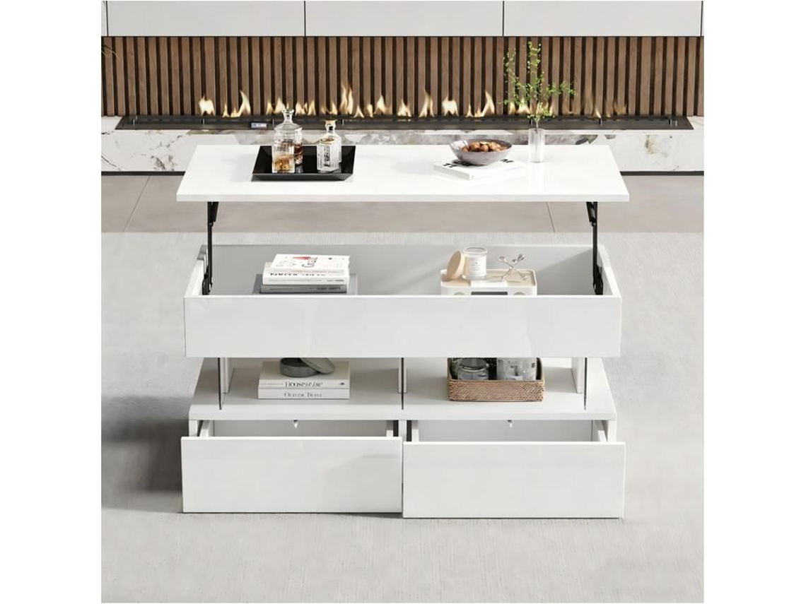 Mesa De Centro Elevável - Minimal - 100x50x46 Cm - Tampo Elevável - 2 Gavetas - Faixa De Led Bluetooth