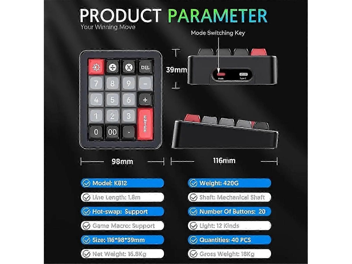 Teclado Mecânico Com Fio K812, Teclado Numérico Rgb Hot Swappable, Teclado Mecânico Programável Para Jogos Everley891