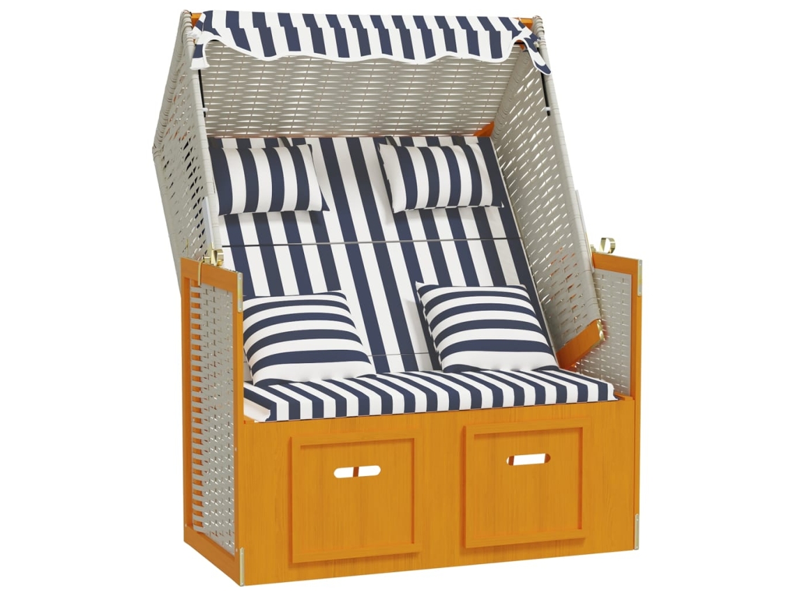 Strandkorb com almofadões vime PE e madeira VIDA XL maciça branco/azul