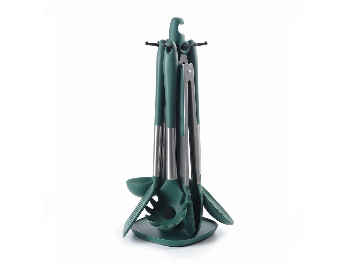 Conjunto De Utensílios De Cozinha De Silicone Com 7 Peças, Em Aço Inoxidável, Com Suporte, Para Panelas Antiaderentes.